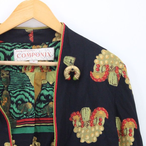 Vintage COMPONIX Cardigan Jacket Womens Black Art Graphic Open Front Size 8 USA - Picture 2 of 9